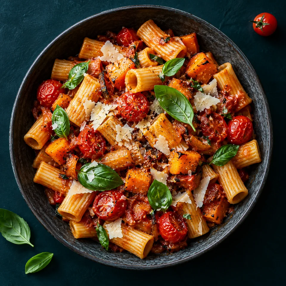 Een donkere kom rigatoni met tomatensaus, geroosterde groenten, verse basilicum en Parmezaanse kaas.
